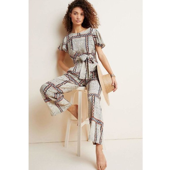 Anthropologie Short Flutter Sleeve V neck Jumpsuit w/ Tie and Pockets Eva Franco - Picture 3 of 7